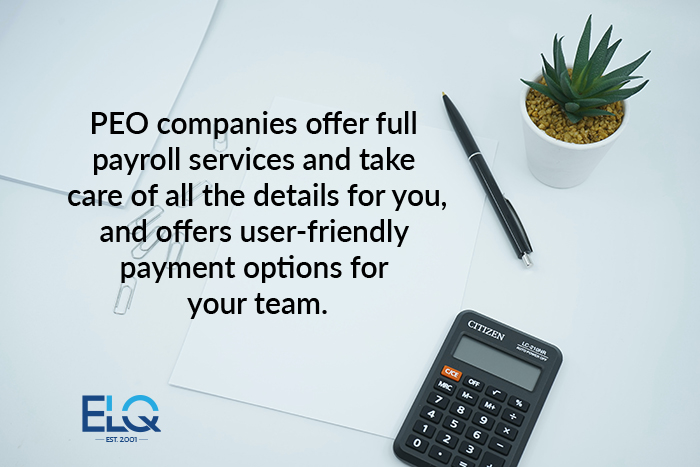 PEO companies offer full  payroll services and take  care of all the details for you, and offers user-friendly payment options for  your team